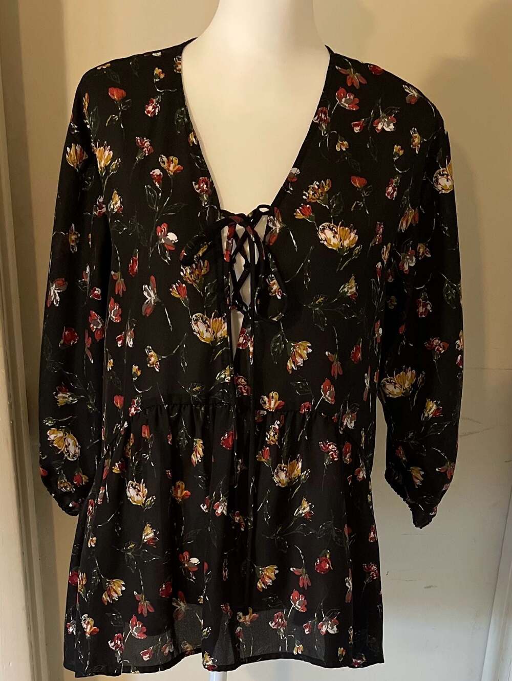 Deep V Lace-Up Sheer Peasant Blouse, Empire waist, Hi/Lo hem, Sz. M